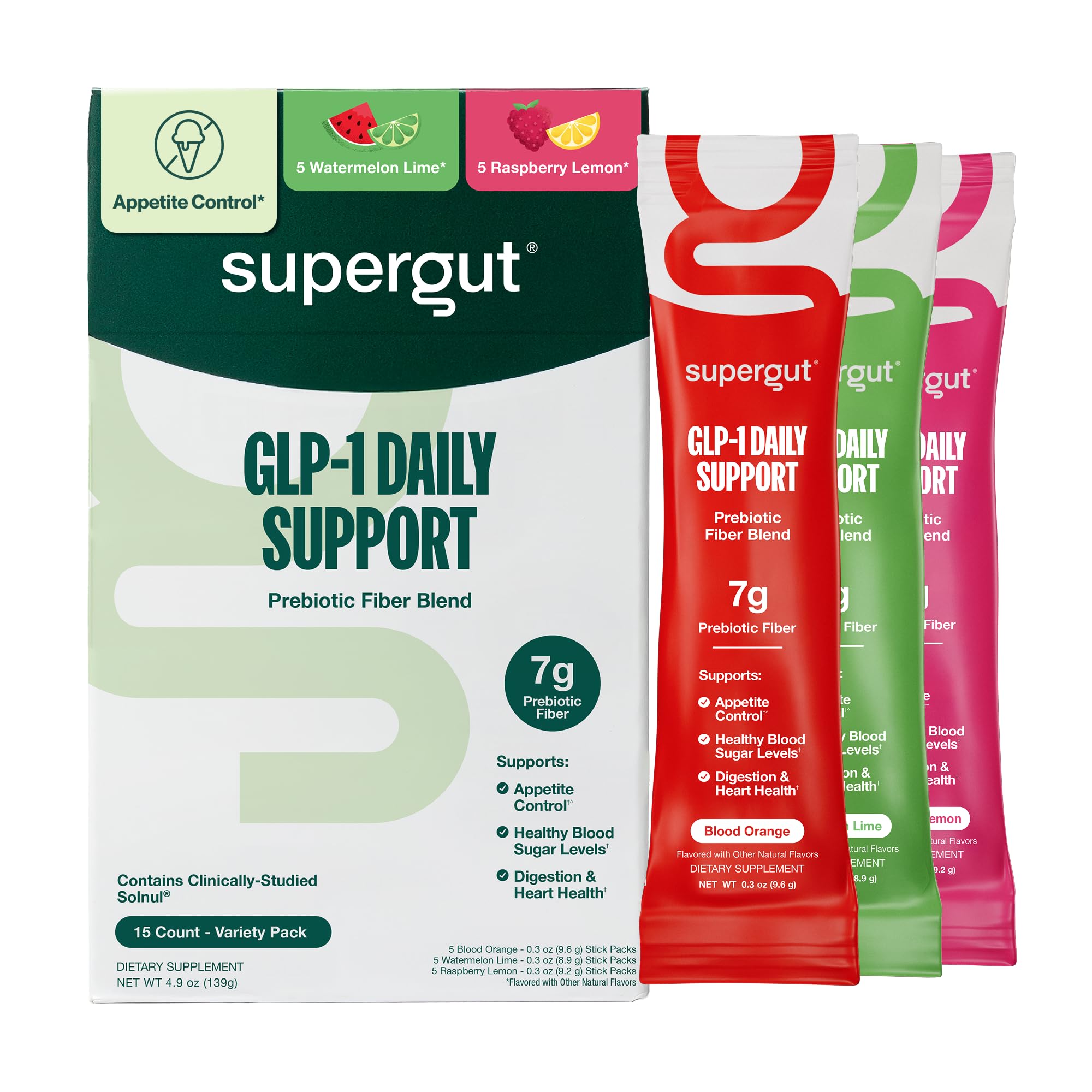 Supergut GLP1 Daily Support, Variety Pack - High Fiber GLP-1 Supplement Powder for Women & Men - Sugar-Free Drink Mix for Gut Health & Digestive Support (15 Servings) Flavored Variety (Stick Packs) 0.29 Ounce (Pack of 15)