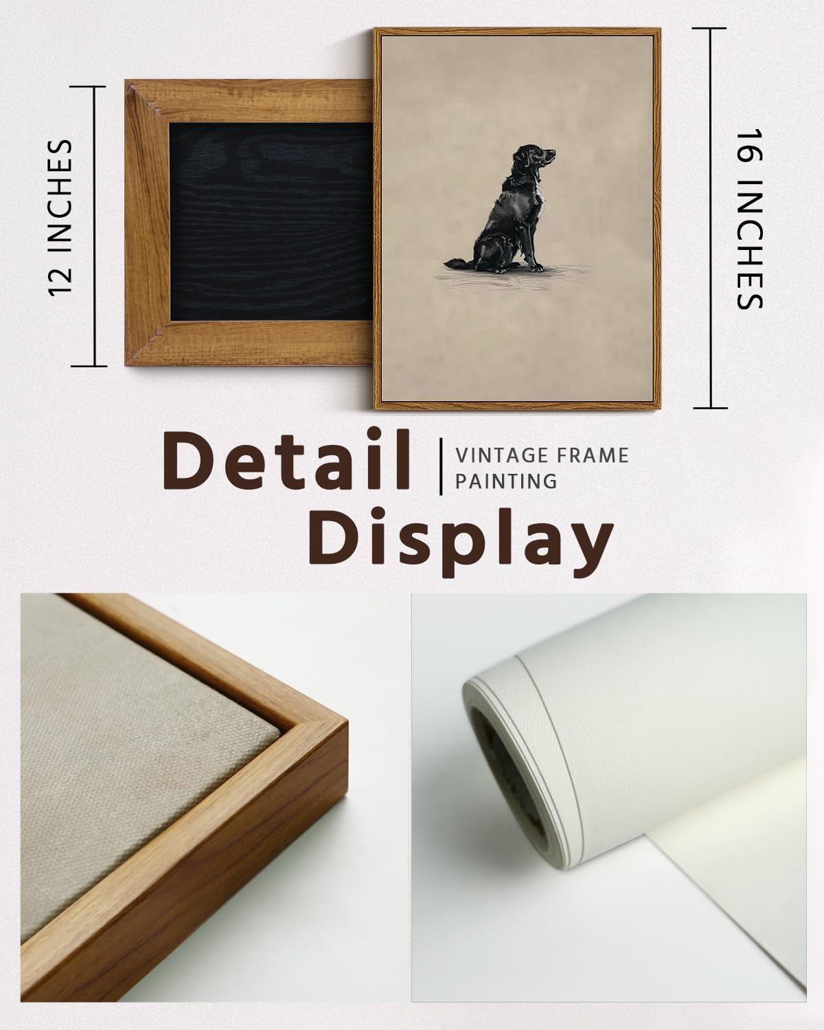 VIYYIEA Vintage Framed Black Dog Wall Art, Bedroom Living Room Minimalist Animal Art Decor, Antique Dog Canvas Print Paintings, Home Farmhouse Retro Still Life Decor, 12x16 Inch — view 4