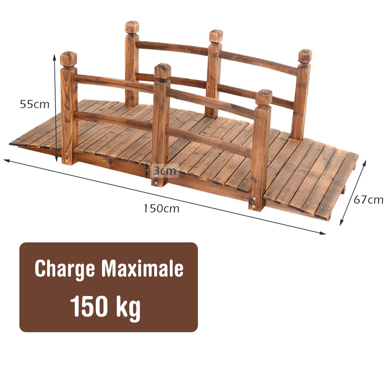 DREAMADE Pont de Jardin en Sapin Charge Maximale 150KG Tablier en Coubure avec Rampes de Deux Côtés 150 x 67 x 55CM Décoration du Jardin Pont de Bassin en Plein Air (Brun)