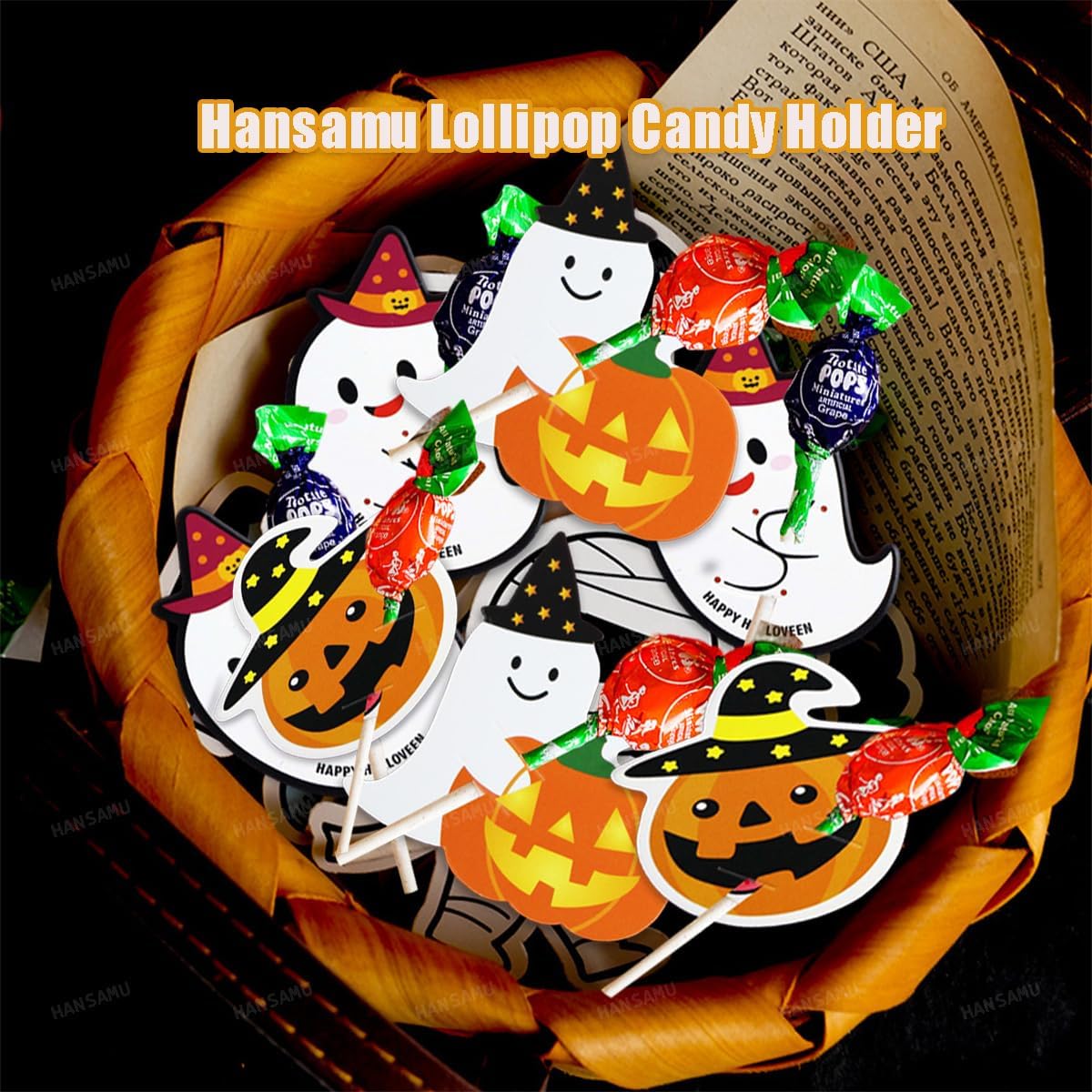 150 Pcs Halloween Lollipop Paper Cards Jam Chocolate Candy Holder Ghost Pumpkin Candy Wrapping Decorations for Halloween Party Supplies