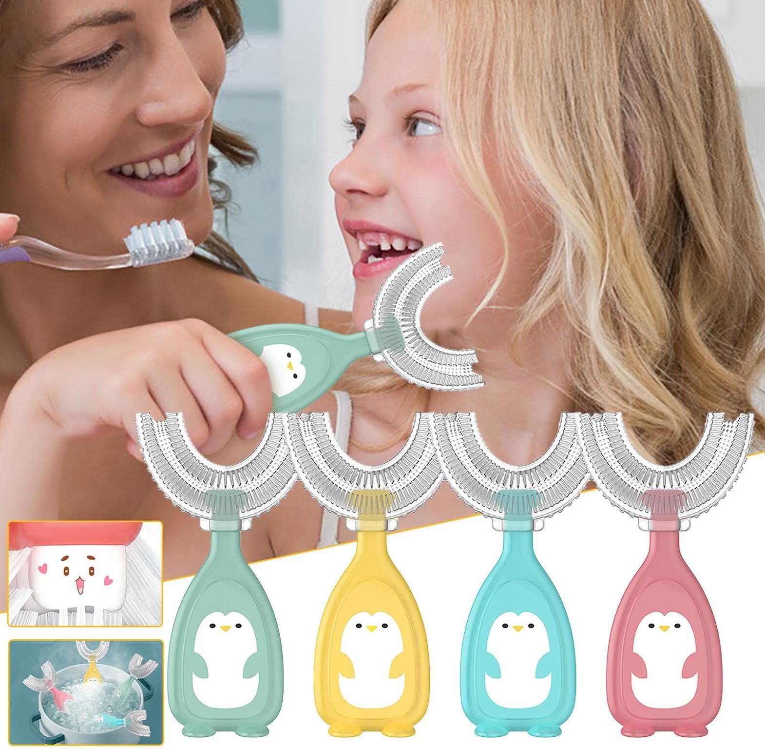 XUANQI 4Pcs U Shaped Kids Toothbrushes Age 2-6 & 6-12 Toddler U Shaped Toothbrush 360 Kids U-Shaped Toothbrush Full Mouth Toothbrush Large Head Toothbrush, Blue + Green + Pink + Yellow