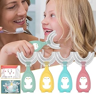 XUANQI 4Pcs U Shaped Kids Toothbrushes Age 2-6 & 6-12 Toddler U Shaped Toothbrush 360 Kids U-Shaped Toothbrush Full Mouth Toothbrush Large Head Toothbrush,Blue + Green + Pink + Yellow,For Age 6-12