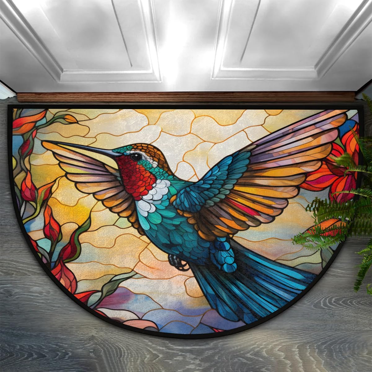 Hummingbird Stained Glass Window Half Round Door Mat, Non-Slip Entrance Welcome Mat for Indoor Semi Circle Bathroom Floor Rugs Outdoor Mats House Heavy Duty Doormat for Kitchen Living Room 36x24 Inch
