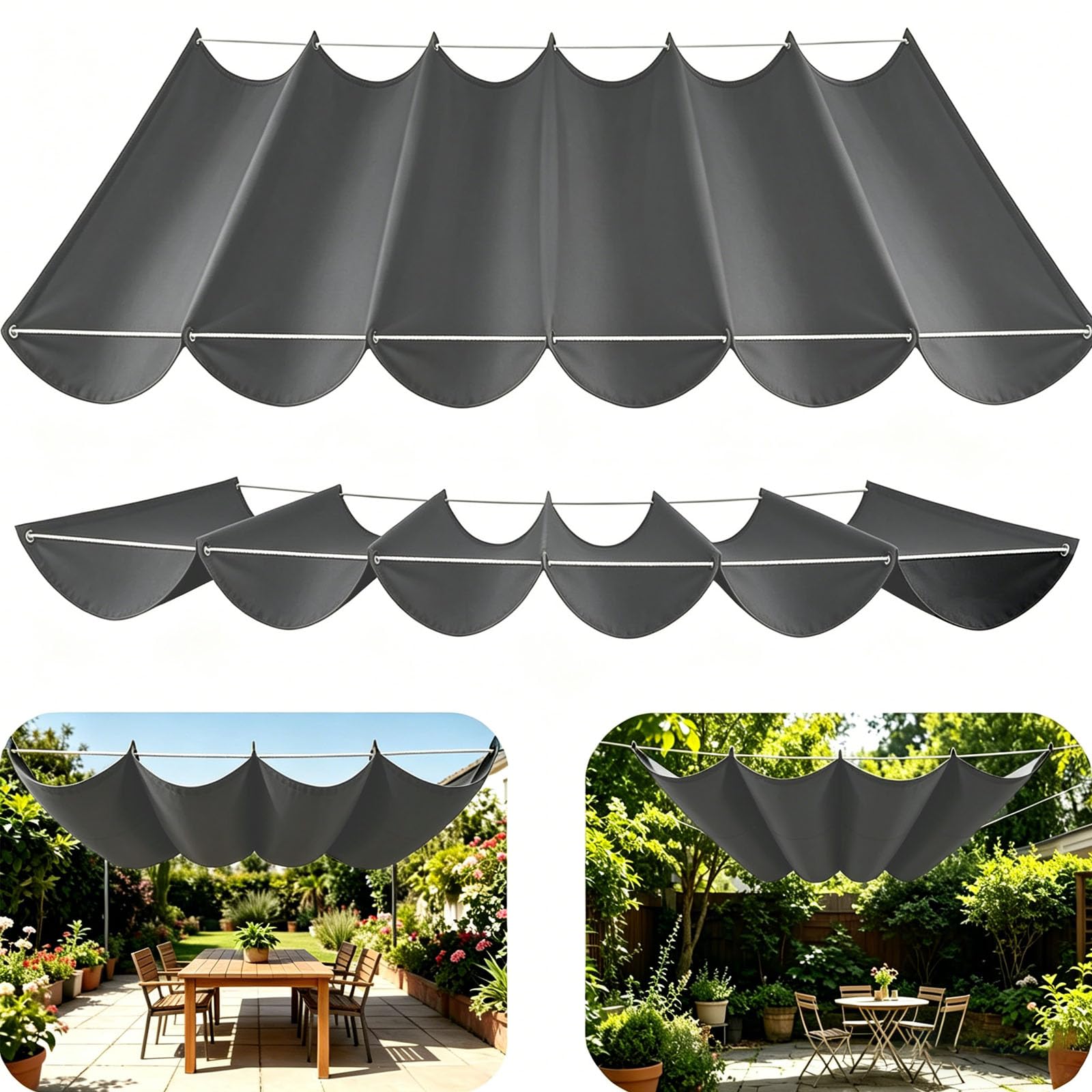 Retractable Sun Sail Shade Canopy for Outdoor Use, Custom Pergola Waterproof Shade Cover,Wave Design, Thickened Fabric, With Rope Patio for Garden Patio Balcony Pool-Coal Black||450x450cm