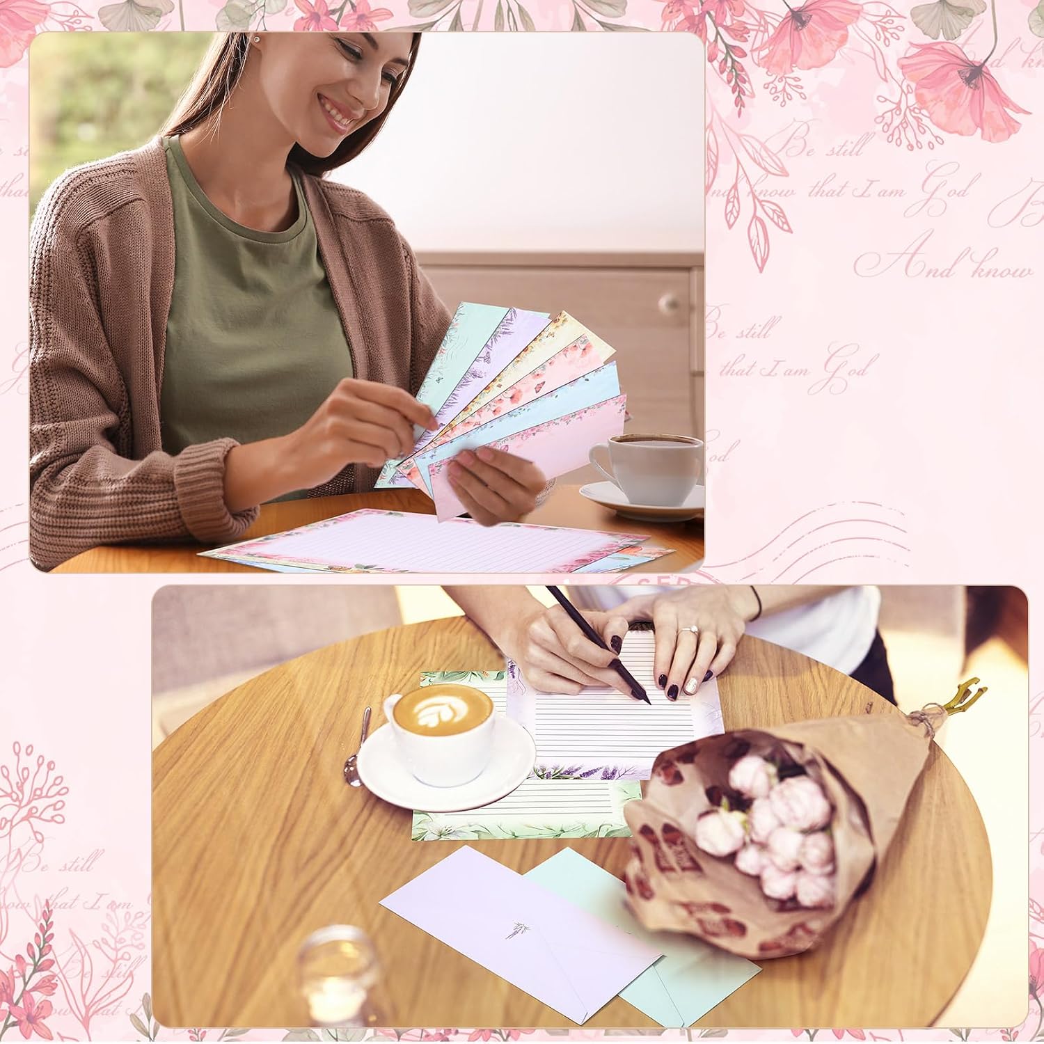 Funrous 90 Pcs Pretty Lined Stationery with Envelopes Set, 60 Sheets Floral Letter Paper and 30 Envelopes, 8.5 x 11 Inch Lined Writing Sheet for Mother's Day Wedding Religious Spring Invitation Gift