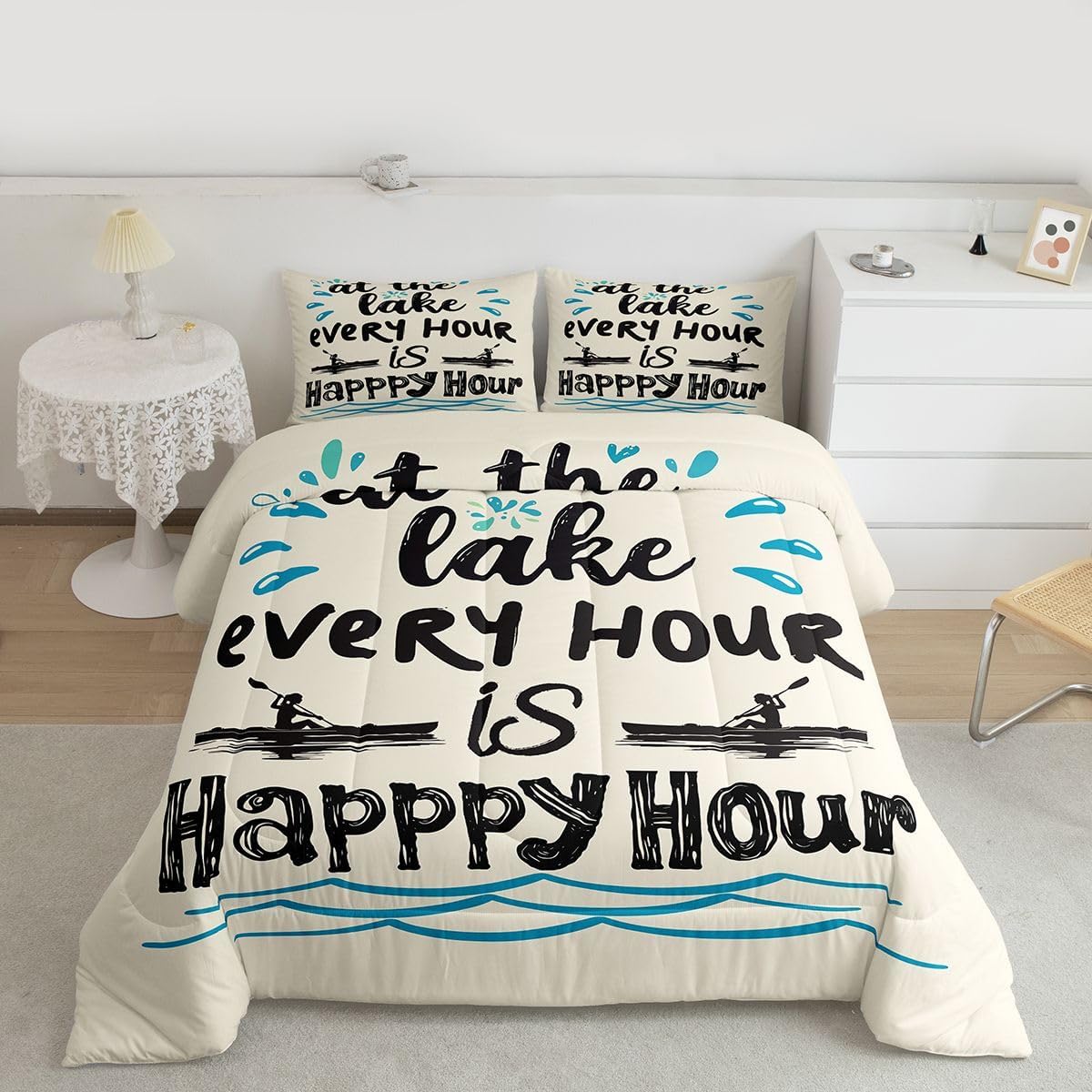 Erosebridal Lake House Decor Comforter Set, Farmhouse Paddle Bedding Set Queen Size, Rustic Fishing Duvet Insert for Kids Teens Adult, Lake Cabin Decor Lake Life Down Comforter Gift for Lake Lover - Image 2