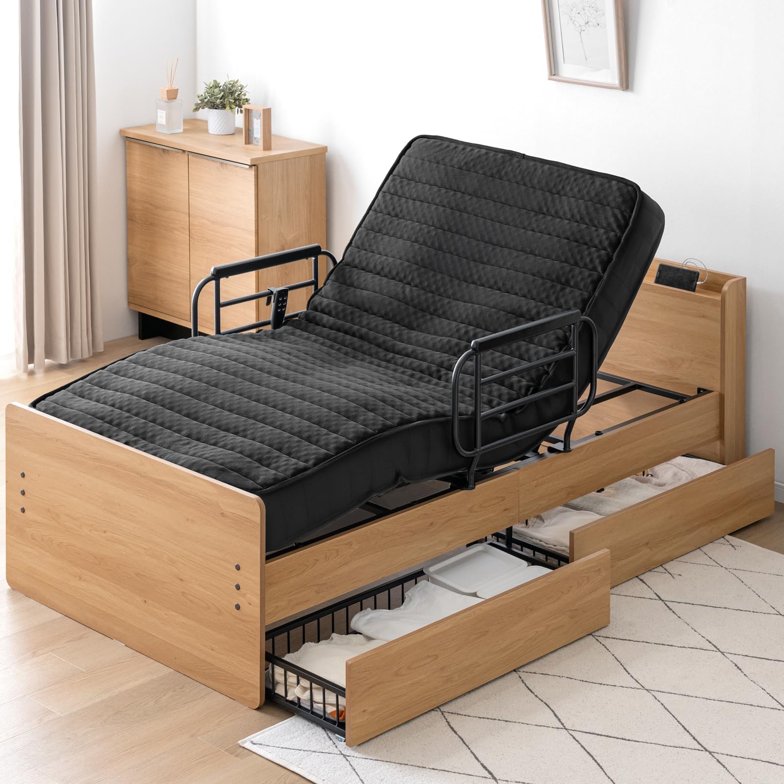 Amazon｜タンスのゲン 電動ベッド フレーム 単品 宮付き シングル 2