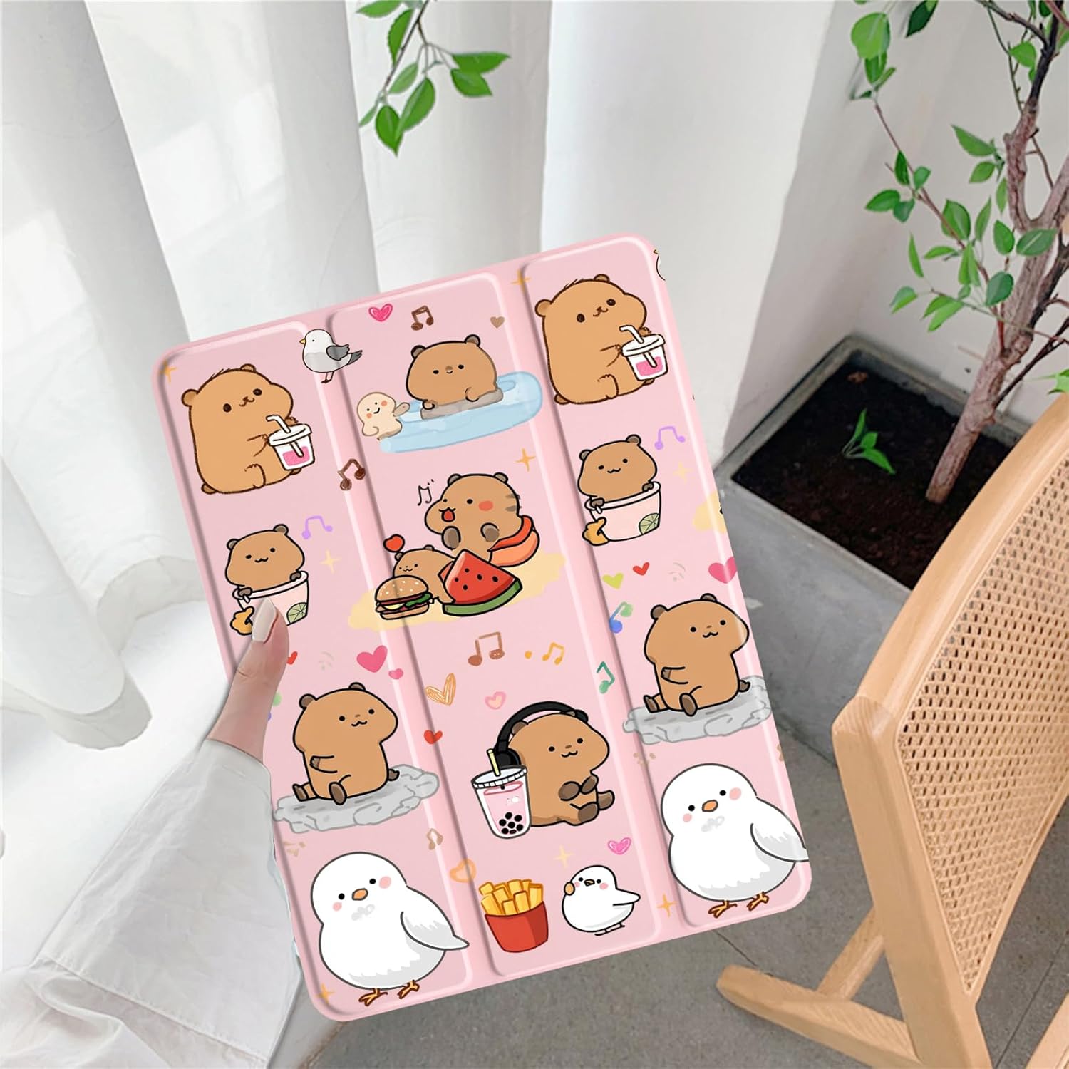 LuGeKe Cute Capybara & Bird Pattern Case for 10.9" iPad Air 4/5th Unique Case,Pencil Holder & Clear Acrylic Back & Trifold Stand Cover for Women