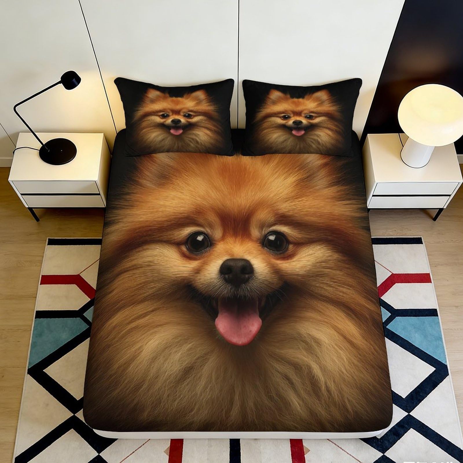 3D Printed Pomeranian Dog Fitted Sheet Microfiber Soft Durable Brown Fluffy Bed Cover with 3D Printed Cute Puppy Mattress Cover for Bedroom Guest Room 140x200x25cm