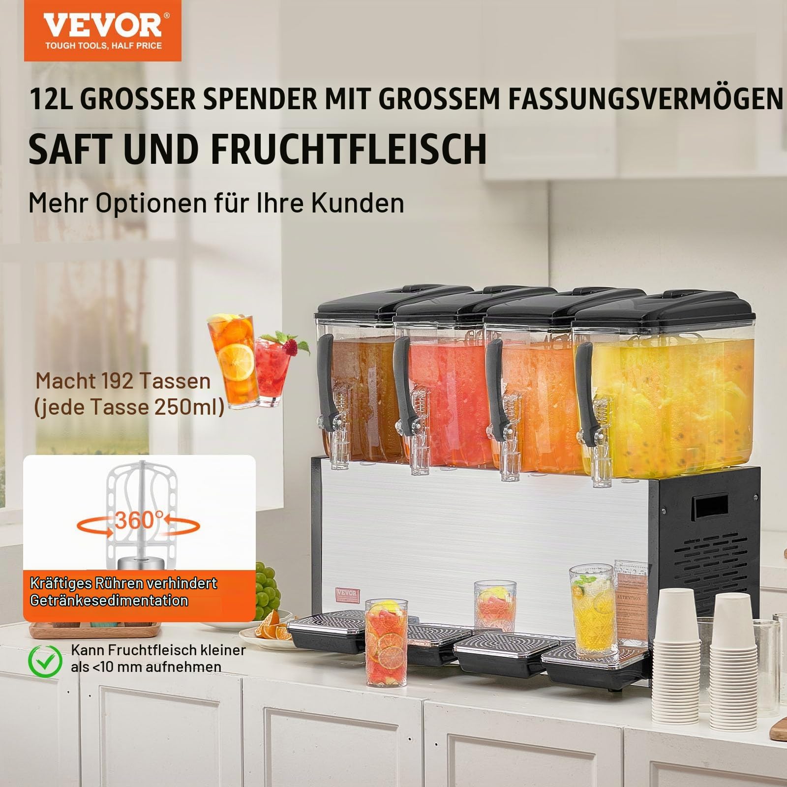 VEVOR kommerzieller Getränkespender mit 4 Tanks, Saftspender 12 L (pro Tank), 510 W Edelstahl Eistee-Getränkeautomat mit 7–12 °C Kühltemperatur, für Kaltgetränke Restaurant Bar Party Buffet Catering