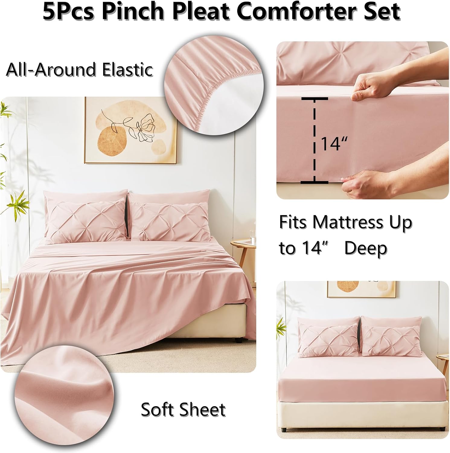 CozyLux Twin Comforter Set with Sheets Peach Pink, 5 Pieces Pintuck Bed in A Bag, All Season Bed Set Gift for Girls and Boys, Pinch Pleat Bedding Set with Comforter, Sheets, Pillowcase & Sham thumbnail