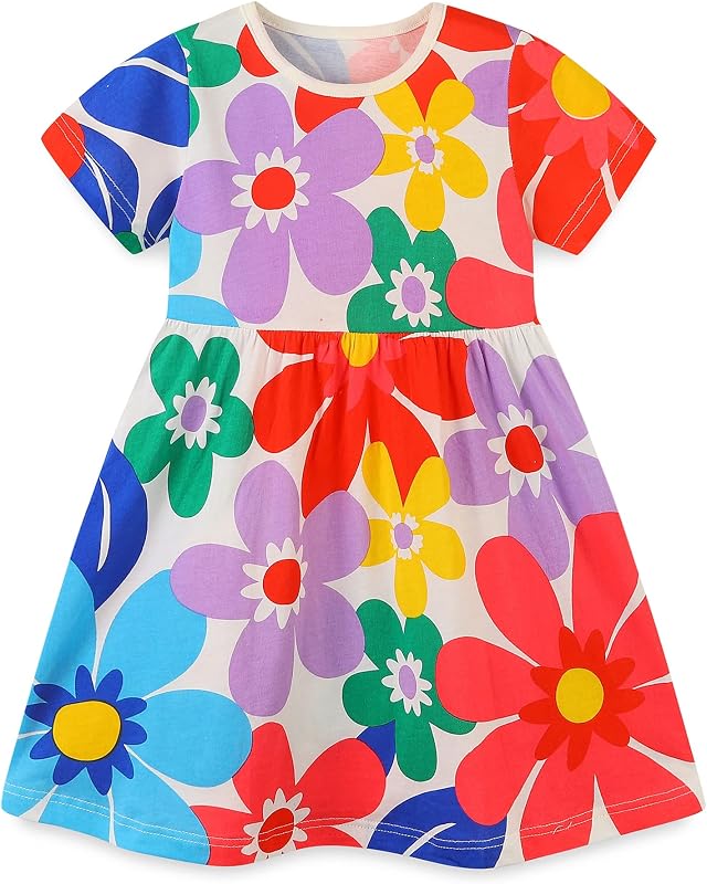 Bumeex Toddler Girls Summer Dress Clothes Cotton Casual Cartoon Print Short Sleeve Dresses Girls Sundress 1-7 Years