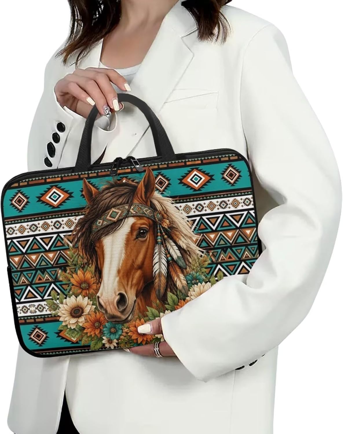 Aztec Tribal Flower Horse Print Laptop Case with Handle Laptop Sleeve Traveling Computer Bag Compatible with 10-17 inch Notebook Carrying Bag Briefcase, 15inch image 3
