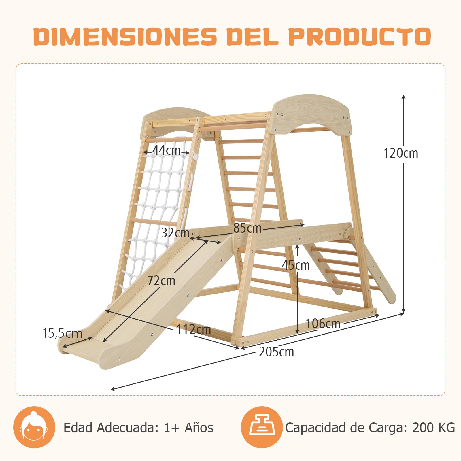 GOPLUS 6 en 1 Triángulo de Escalada Parque para Niños de 1 Año+, Juguetes de Escalada Grande de Madera con Tobogán/Red de Escalada/Barra, Juego de Montessori, Torre de Escalada, Carga 200 KG, Natural