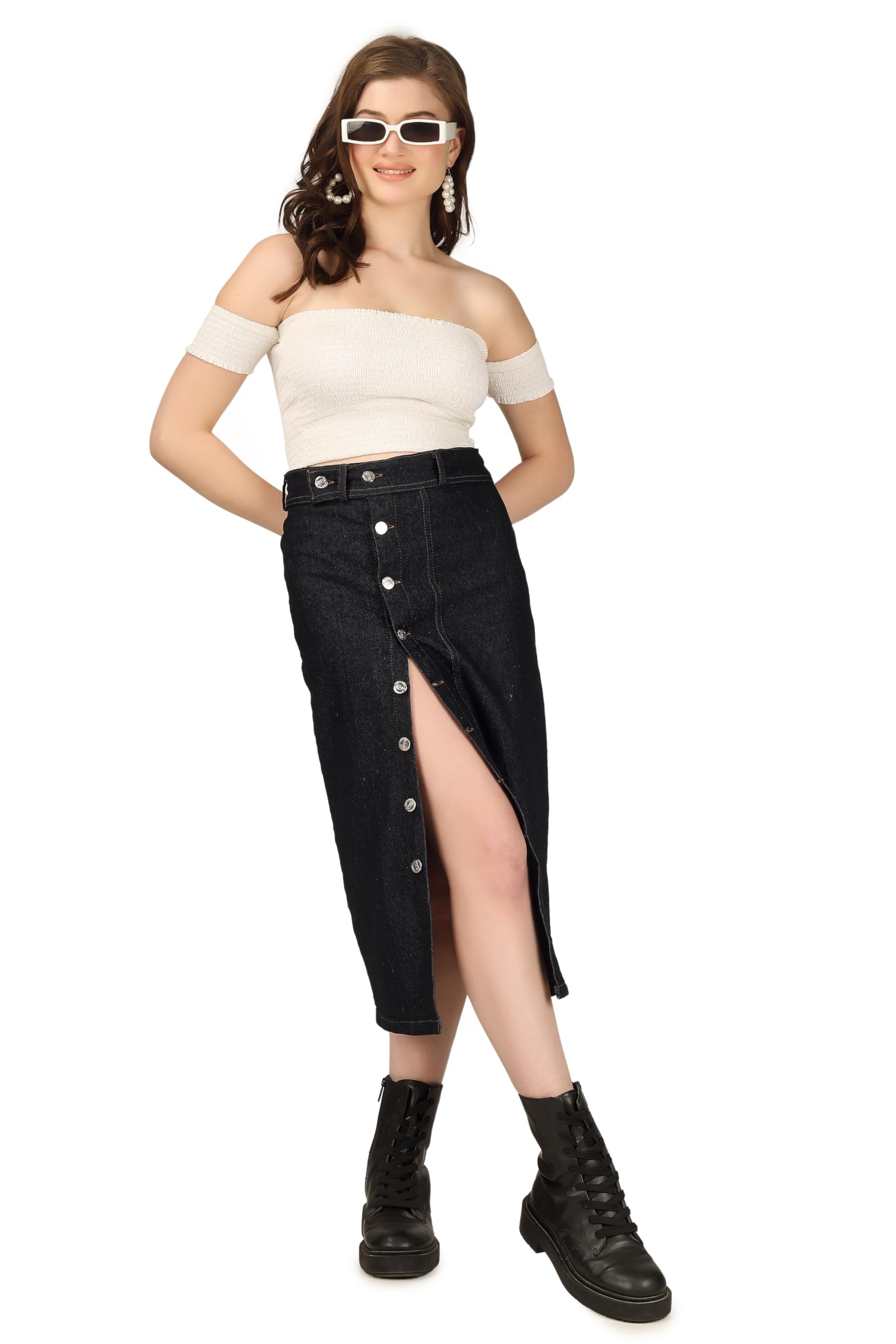Denim Long Straight Button Side Split Skirt for Women & Girls-image-20