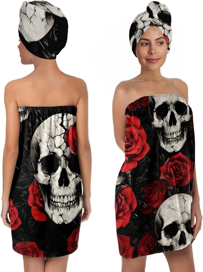 YWMAN Skull and Roses Bath Wrap Set, Microfiber Shower Towel with Hair Turban, Gothic Bathroom Spa Set, Black and Red, 31.5" x59
