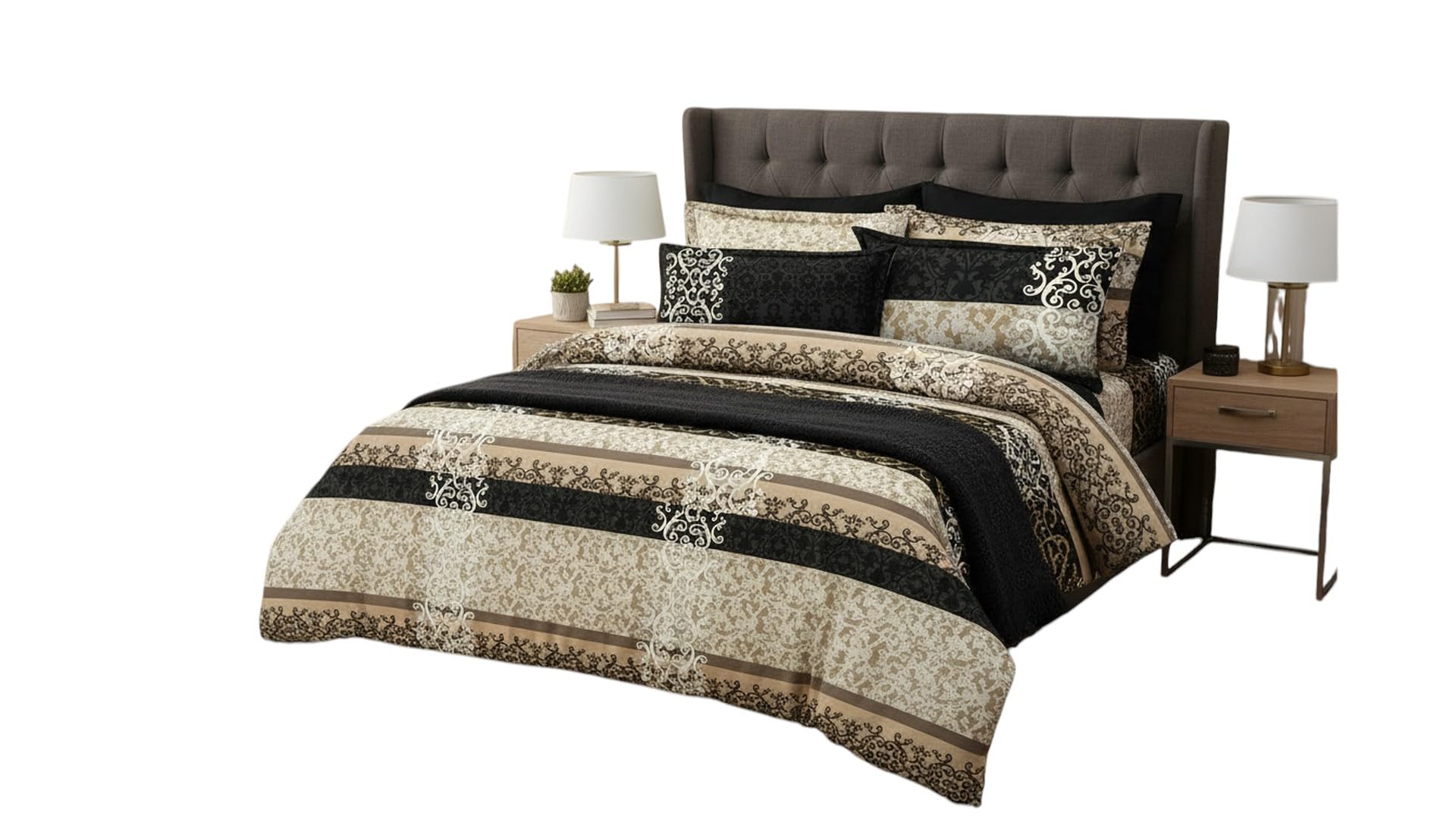Damask Striped Bedding Set, Black & Beige Floral Print | Comforter & Pillow Set, Ornate Scroll Pattern, Black & Beige Tones, Bedroom Decor, Multi-Piece Set-image-27