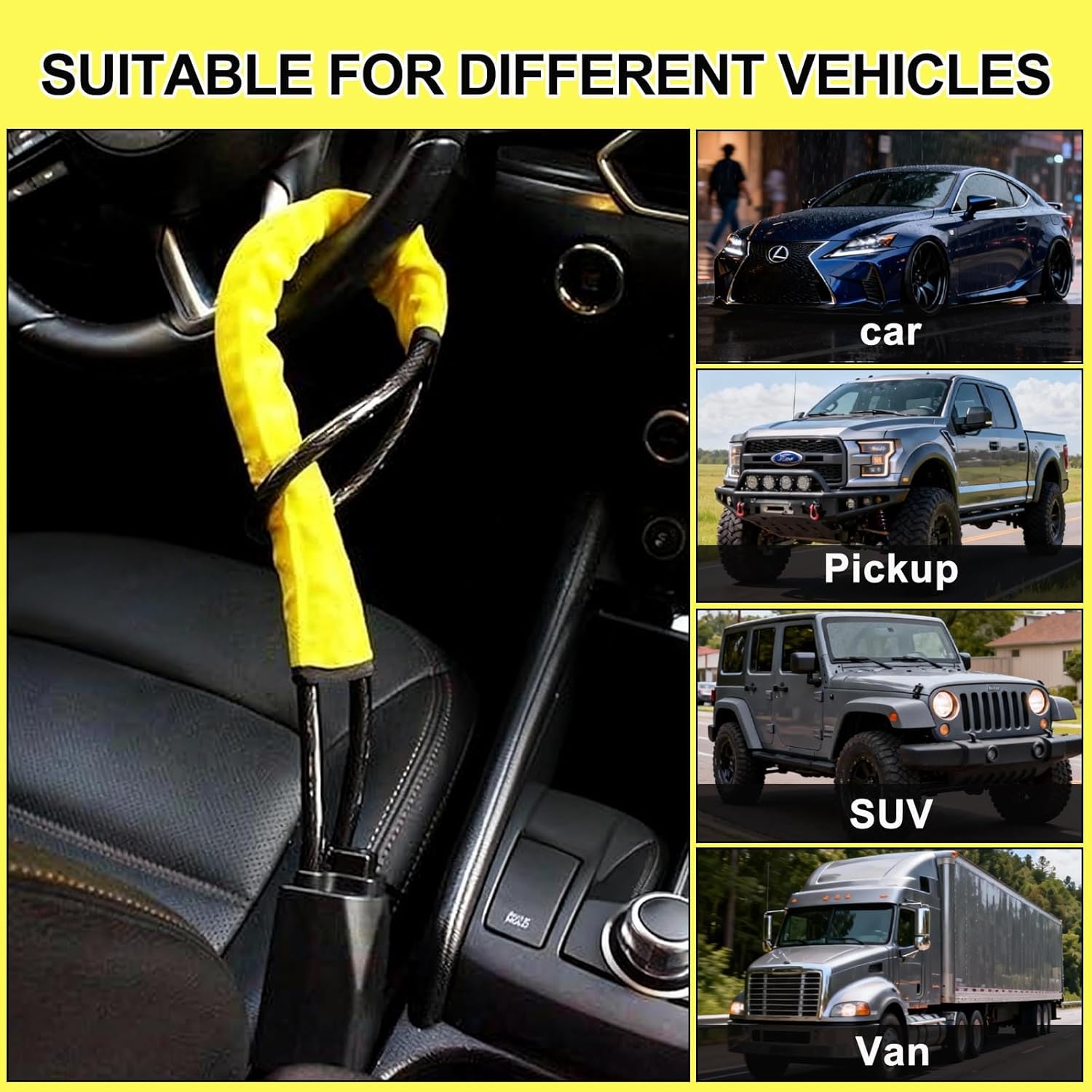 Car Steering Wheel Seat Belt Lock, 17 Inch Alloy Steel Anti-Theft Device, Universal Fit for Most Vehicles/SUV/Golf Cart, Lightweight 1.2lbs Multi-Functional Security Lock with 3 Keys (Yellow)