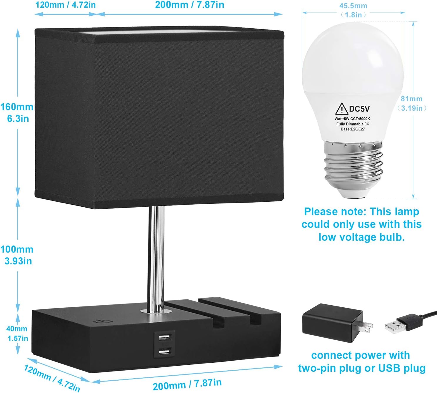 Seealle Small Touch Control USB Table Lamp Black Lamp with Phone Stand 10 Inch Stepless Dimmable Nightstand Lamp with 2 USB Ports, Bedside Lamp for Bedrooms Living Room Coffee Table (Bulb Included)