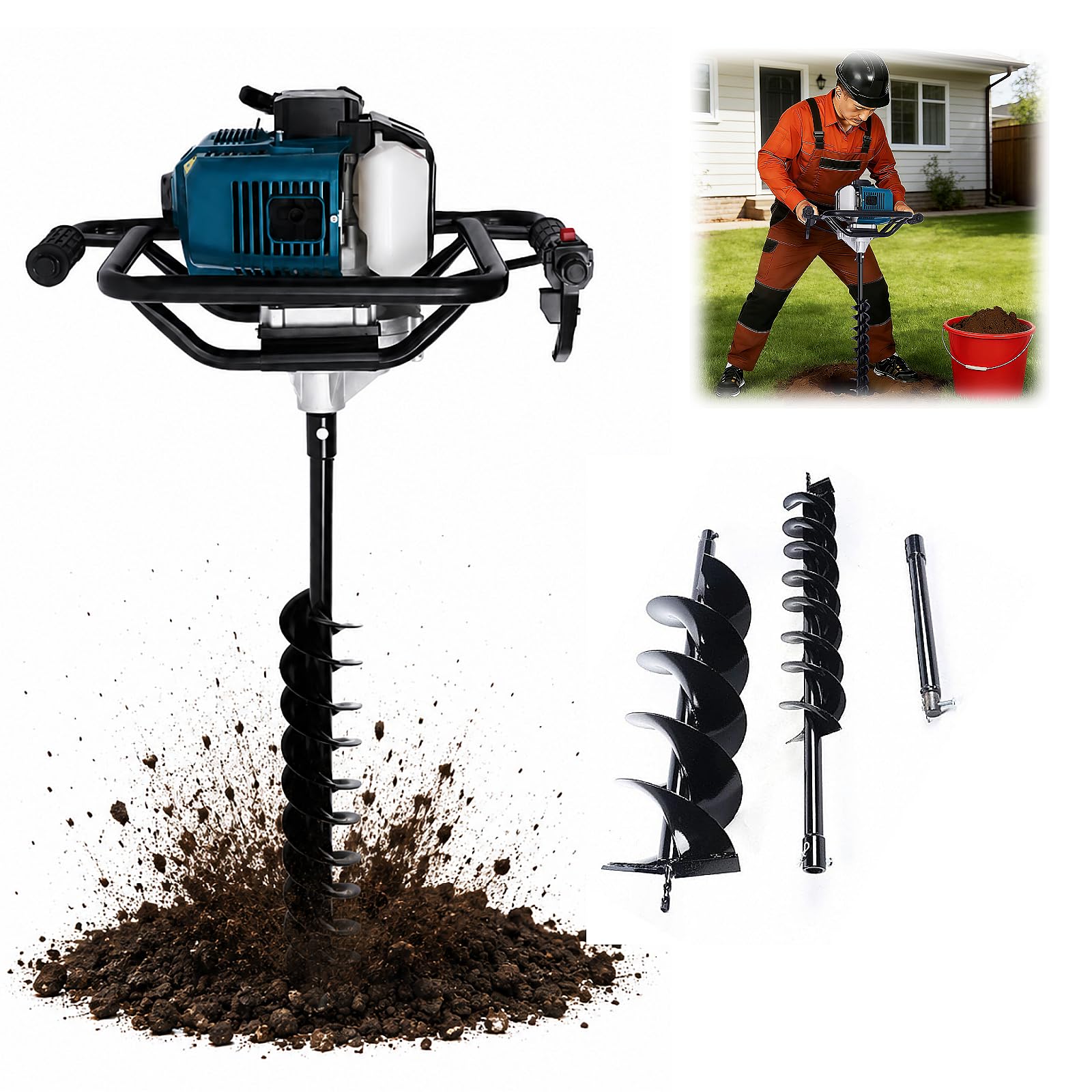 Ahoyadora Gasolina | 52CC 1,7KW | 2,3CV | 2 Tiempos Motor | 100/200mm Broca | 305mm Prolongador | Barrena para Tierra Compactadora De Tierra Ahoyadora Manual Ahoyador para Huerto