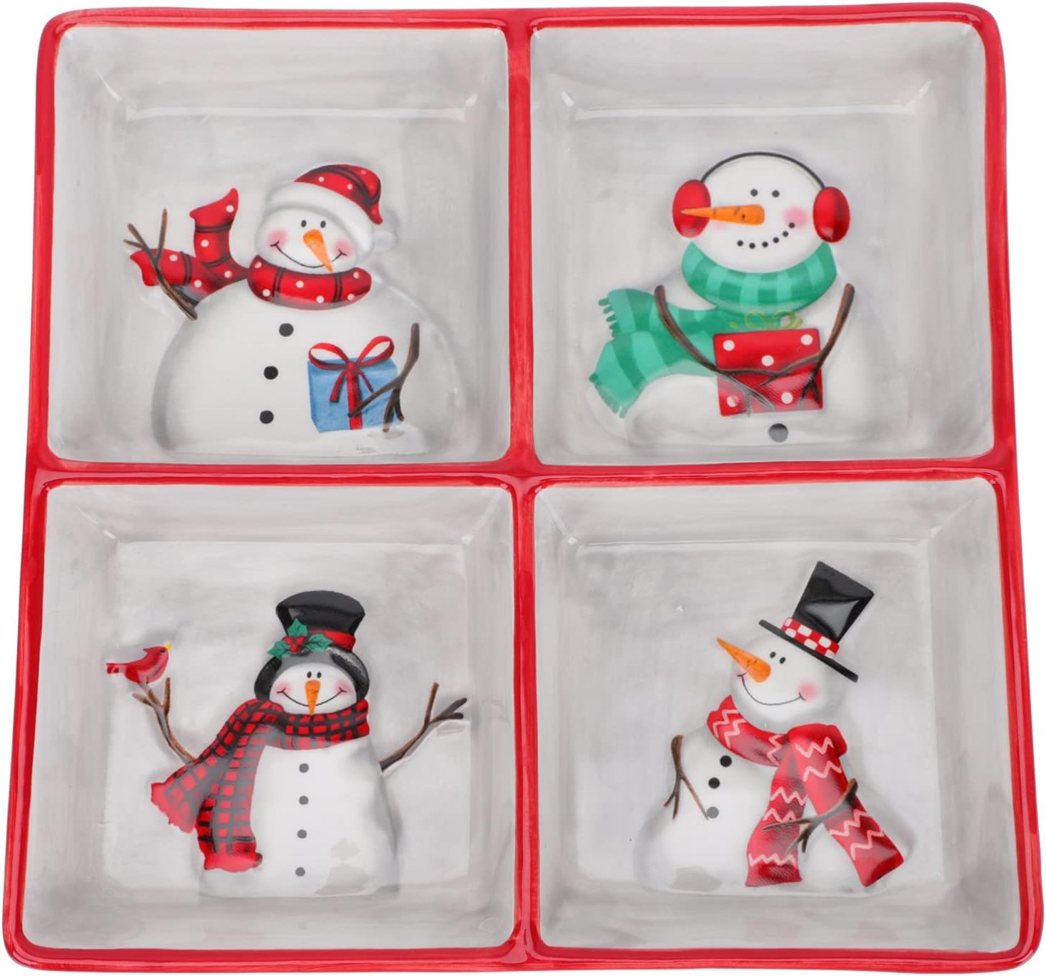 DOITOOL Christmas Ceramic Serving Dish Snowman Snack Appetizer Tray Dessert Platter Square Divided Serving Platter for Xmas Holiday Dining Table Decoration - 7.66 x 7.66 x 1.18inch