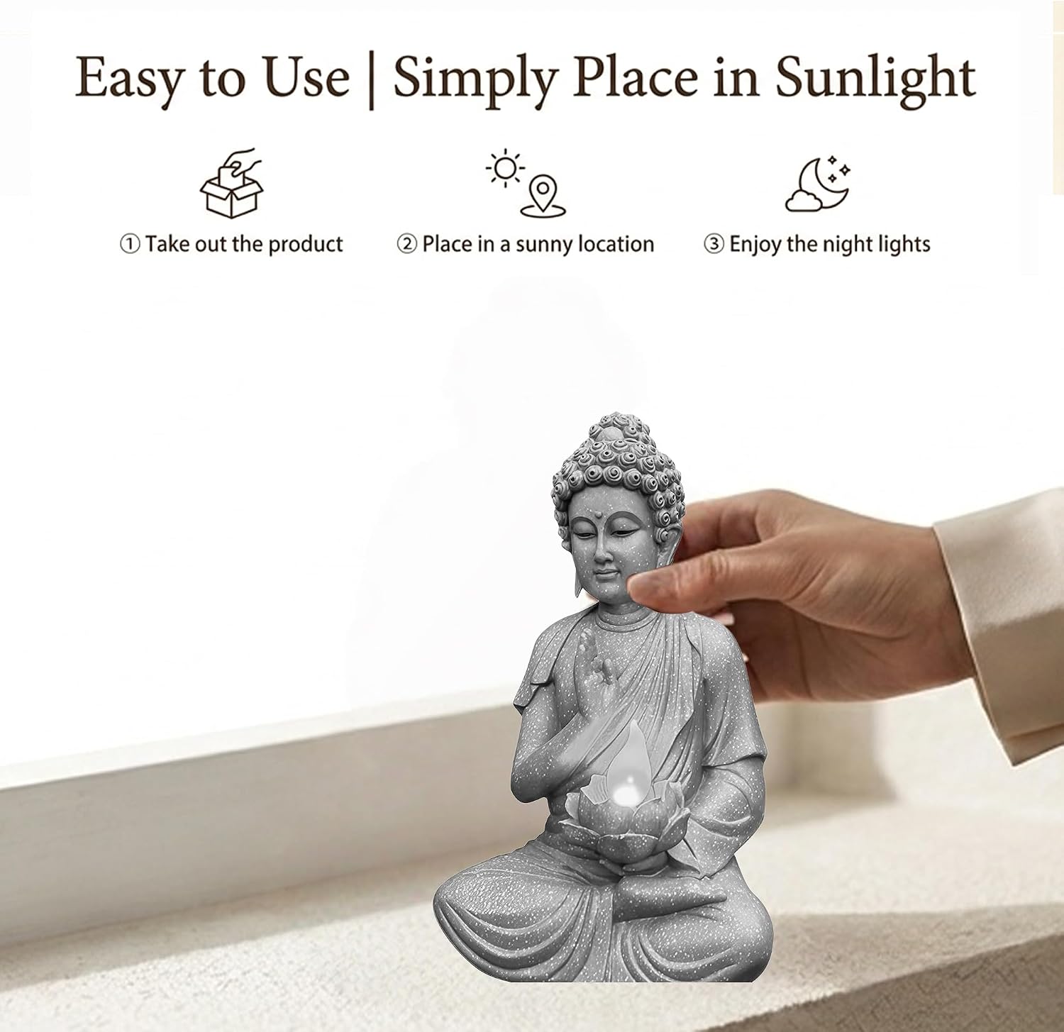 FENGSHUI-CAISHEN Solar Buddha Statue Outdoor, Waterproof Outdoor Solar Light for Garden, Solar Garden Decor, Zen Accessories, Patio Buddha Decor (A)