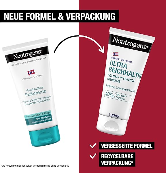 Neutrogena Ultra reichhaltige Fußcreme, nicht fettende Fußpflege Creme mit 40Prozent Glycerin + Bisabolol, schnell einziehende Feuchtigkeitscreme für trockene und beanspruchte Füße 100 ml - 3