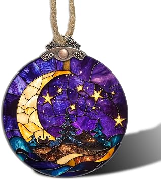 Stained Glass Christmas Decorations, Golden Stars Moon Suncatcher for Window Christmas Tree Hanging Ornaments Purple Landscape Sun Catcher Xmas Decor Gifts for Women Men Mom Nana Friend