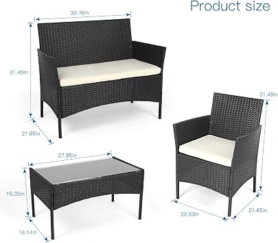 4 Piece Rattan Garden Furniture Set, Patio furniture, Garden Table, Garden Sofa Chair Glass Top Coffee Table with Cushions, Ideal for Pool Side, Balcony, Outdoor and Indoor