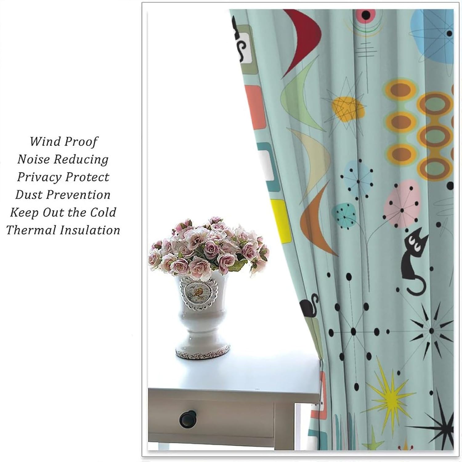 Mid Century Blackout Curtains,Black Cat Retro Atomic Boomerangs Abstract Geometric Iconic 60s Vintage Aesthetics Pattern 2 Panel Rod Pocket Window Drapes for Living Room Bedroom Decor 21"W X 45"L