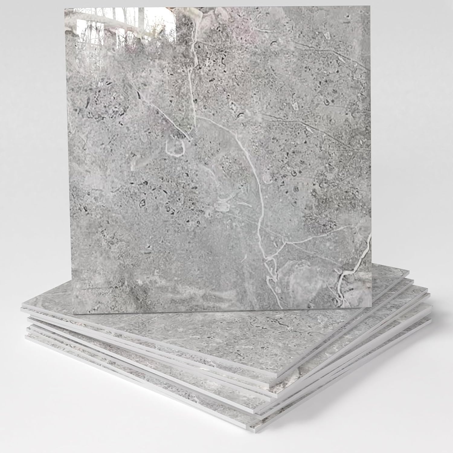 10-Pack Peel and Stick Grey Marble Tiles (11.8" x 11.8") – 9.8 Sq. Ft. Waterproof PVC Shower & Backsplash Tiles for Bathroom, Kitchen, and Living Room – Self-Adhesive, Easy Installation