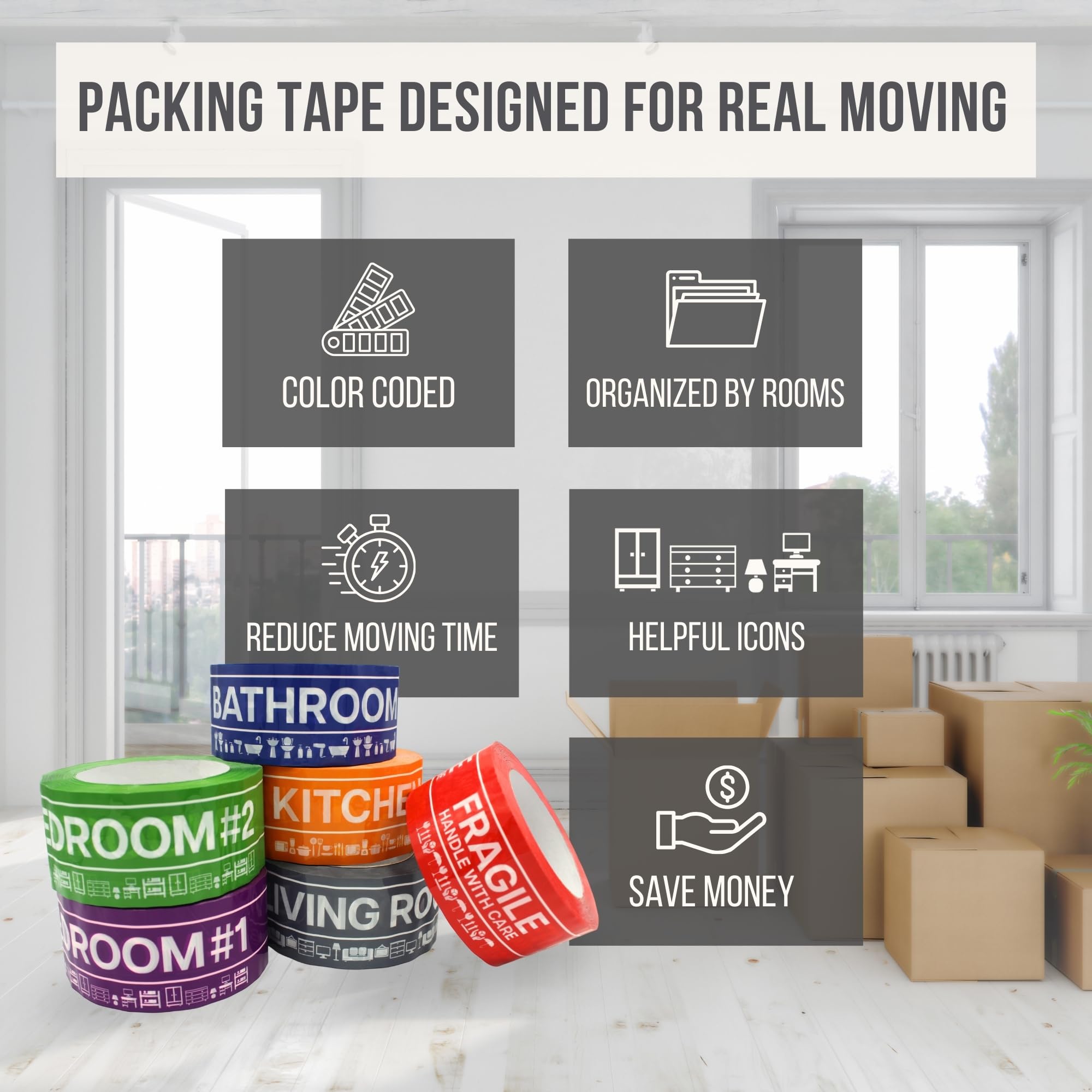 ayurvana Packing Tape and Moving Kit, 6 Extra Wide 100m x 54mm Strong Brown Tape Rolls with 50 Box Labels - Image 2