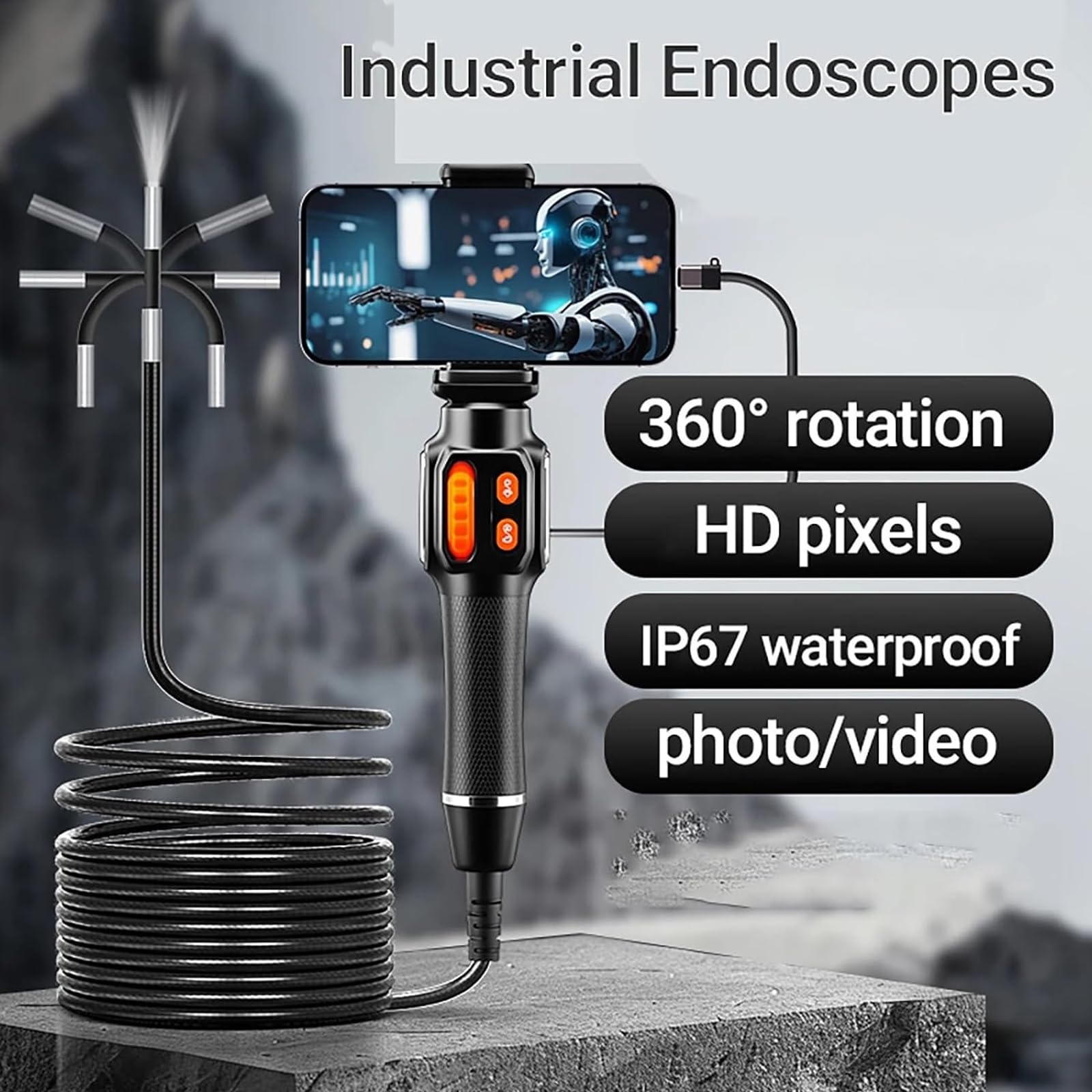 Handendoskop, tragbares Boroskop mit Gelenksonde, hochauflösenden Pixeln und 360° drehbarem Objektiv, wasserdicht, ohne Display, für Wand-, Fahrzeug-, Rohr- und Mechanikinspektionen