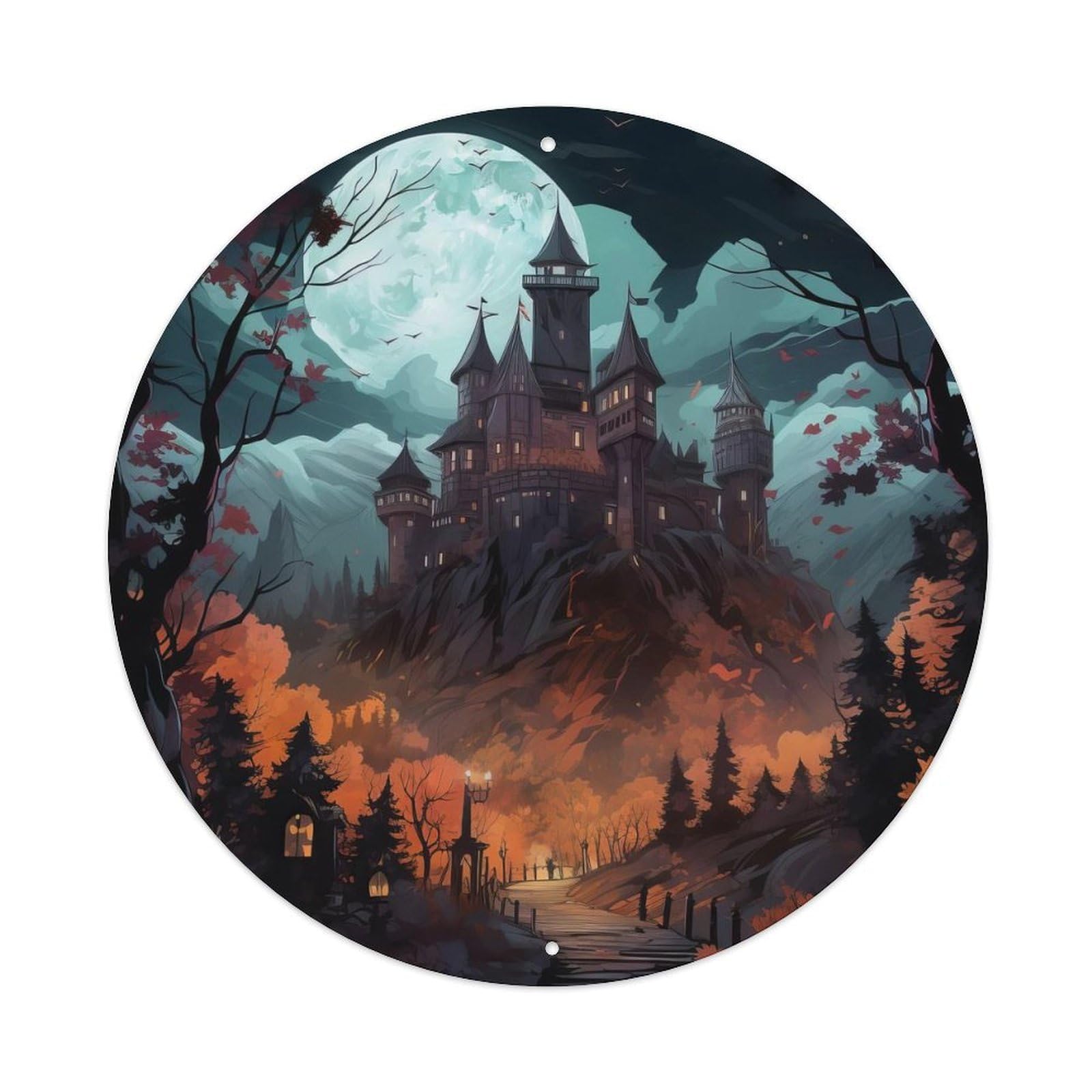 Landscape Art Ancient Castle Shadow in Dark Forest Vintage Metal Tin Sign