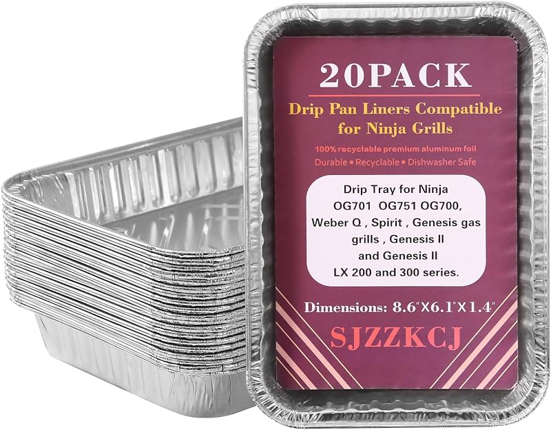 20 Pack Drip Pans Liners Compatible for Ninja OG701 OG751 OG700,OG850,OG951,OG952 ,Compatible with Weber Genesis - Spirit - Q Series - Disposable, Aluminum Foil Grill Drip Pan,Outdoor BBQ Grill Trays