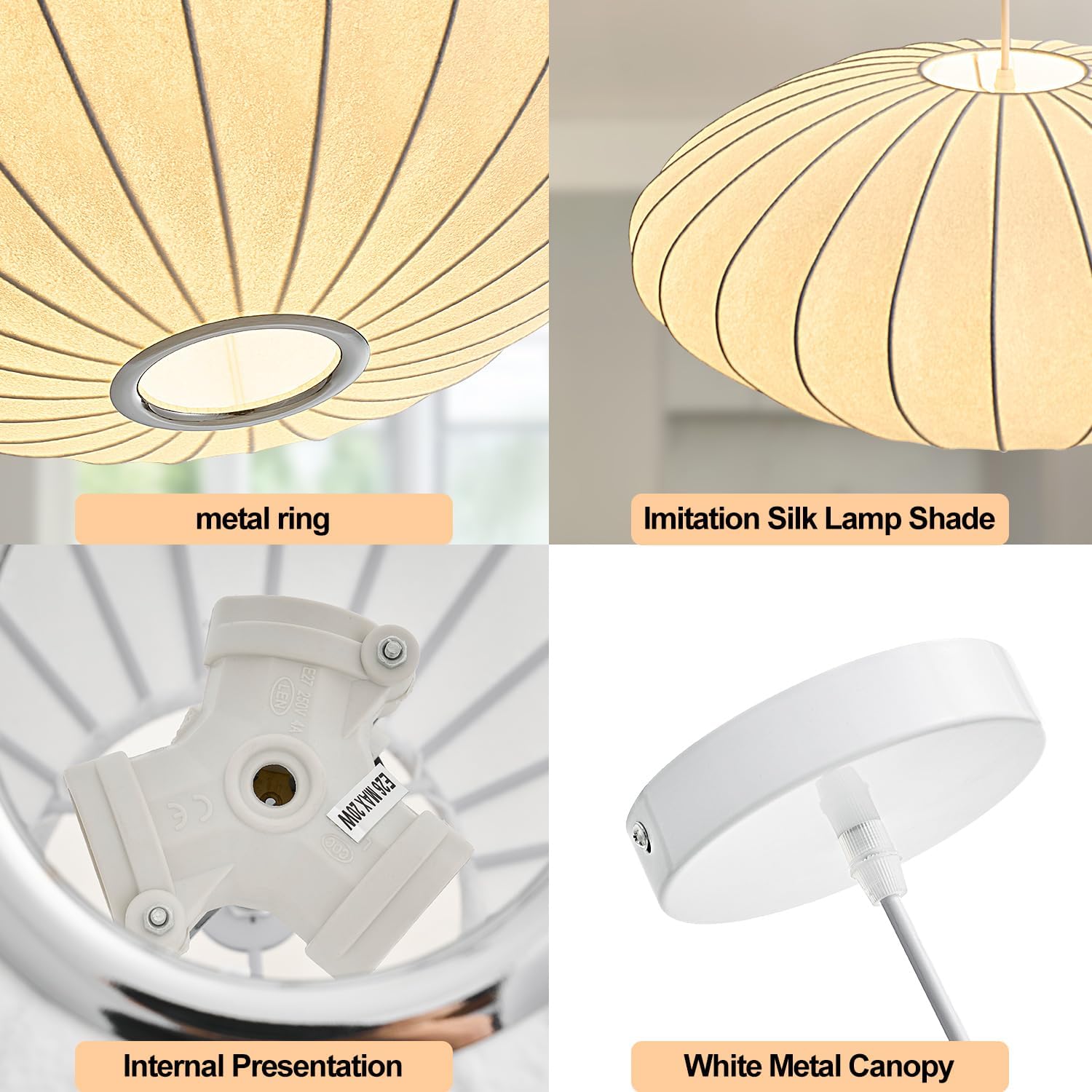 19.7 Inch Lantern Pendant Light fixtures, Imitation Silk Ceiling Hanging Pendant Light Japanese Lamp White Chandelier for Dinning Room Living Room Kitchen Island Bedroom Restaurant