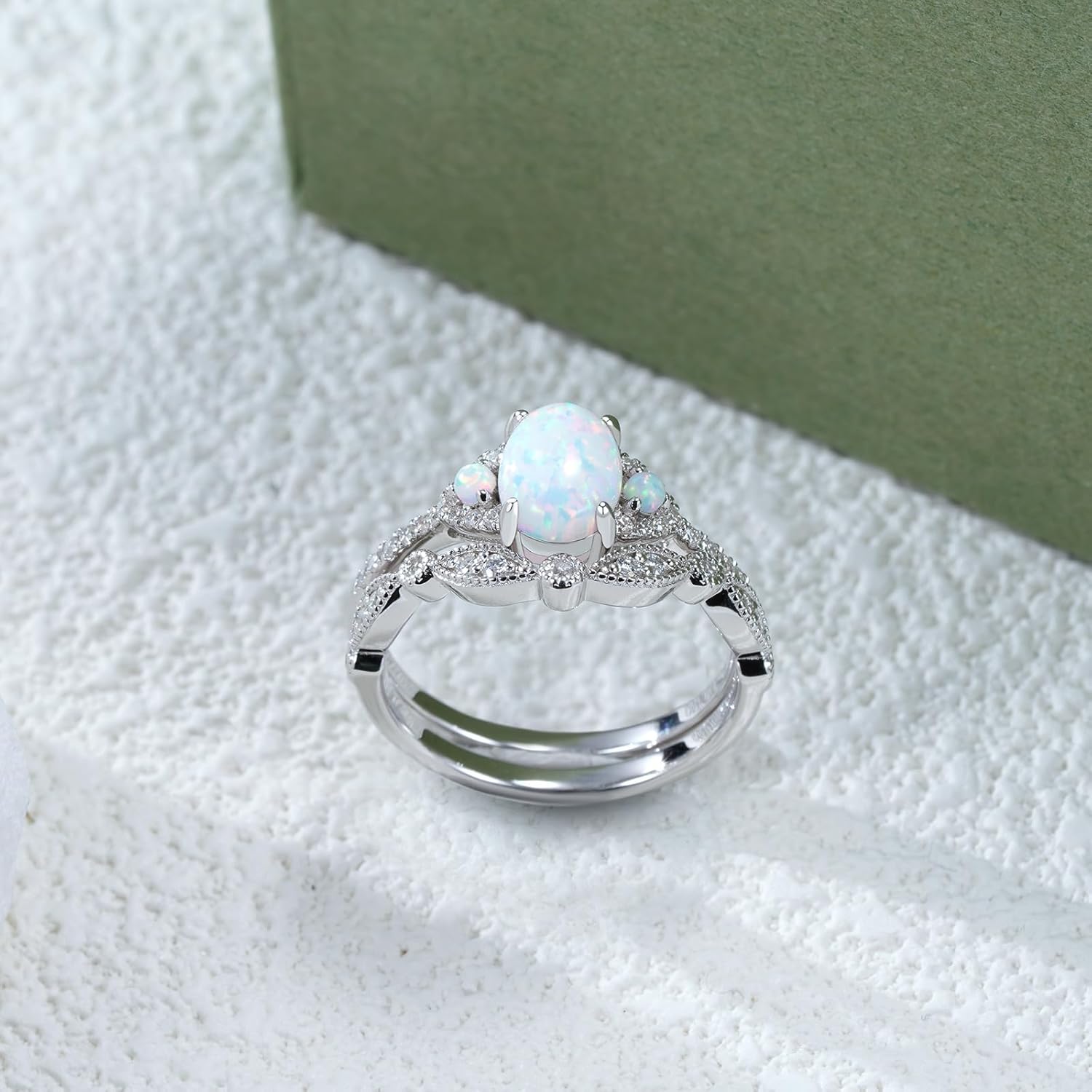 3 Stone Oval-Cut Natural Opal Engagement Rings Sets for Women,925 Sterling Silver Split Shank Moissanite Wedding Rings Sets,Bridal Ring Sets for Anniversary Birthday