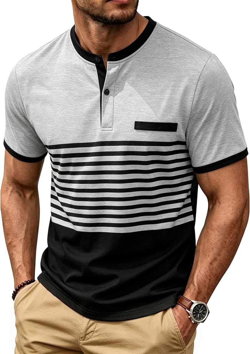 Camisetas para Hombre Manga Corta Botón Casual Elegante Camisetas Básicas Trabajo Camisas A Rayas Henley Verano Ligera Estiramiento Top