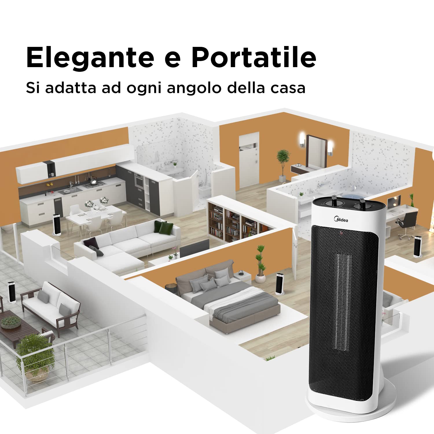 Midea NTH20-19JE Stufetta Elettrica Basso Consumo con Termoventilatore, 7° Inclinazione, 70° Oscillazione, 2000W, 2 Livelli di Potenza, Silenzioso, Protezione Antigoccia, Termostato, Altezza 45.1 cm