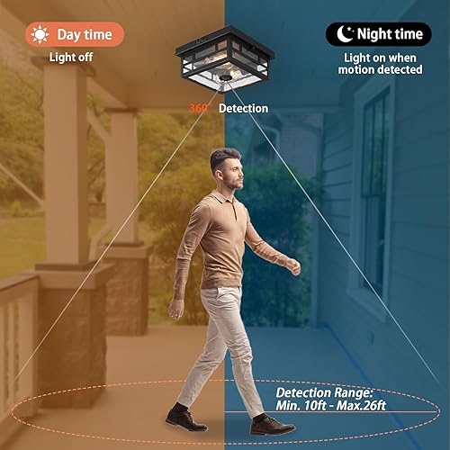 Miniatura 2 de CALOKES Lámpara de techo con sensor de movimiento de montaje empotrado para exteriores, diseño industrial atemporal con vidrio transparente sembrado