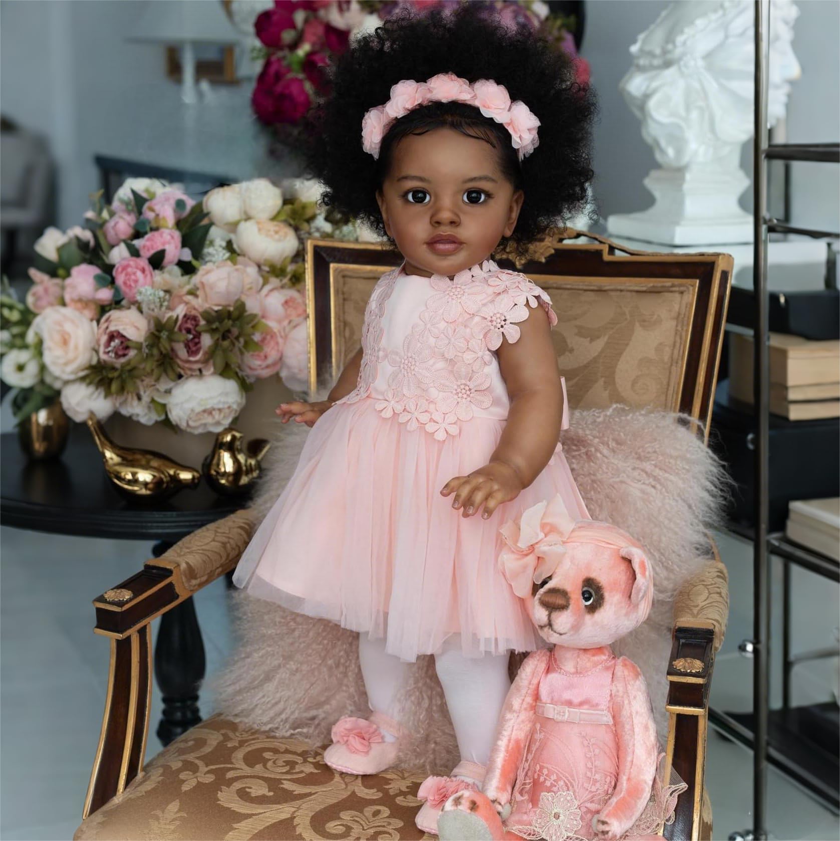 Pinky Lovely Reborn Baby Dolls Black Girl 26inch 66cm Soft Vinyl Lifelike Toddler Doll Real Look African American Newborn Baby Dolls Toy for Kids 3+