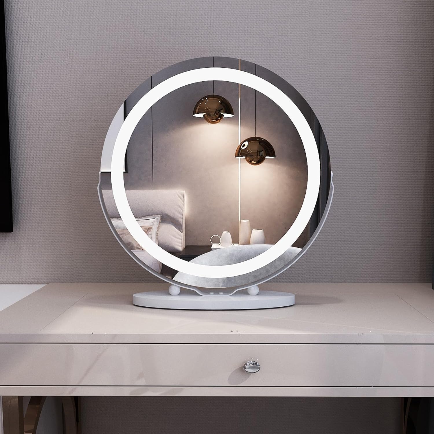 MIQU Espejo de Maquillaje con Luce 50 x 50 cm Gran Espejo de Maquillaje Hollywood con función táctil Iluminación LED Regulable en 3 Colores, Giratorio 360° Espejo de Maquillaje Espejo de baño Redondo