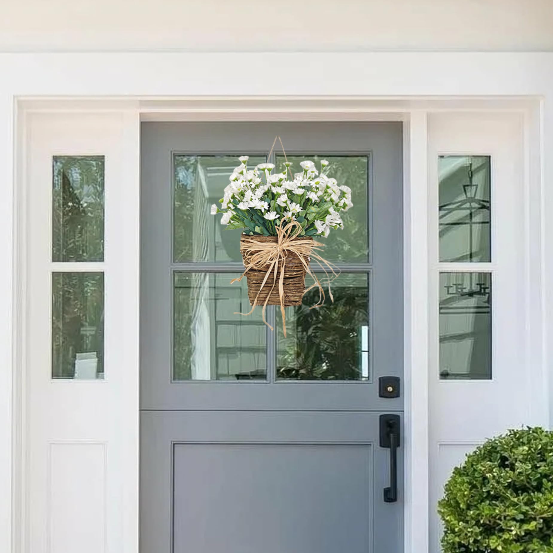 Ghirlanda primaverile per porta d'ingresso, ghirlanda floreale con cesto appeso con margherite artificiali per la decorazione primaverile della porta di casa
