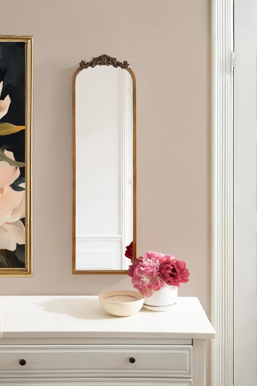 Kate and Laurel Arendahl Traditional Ornate Slim Panel Wall Mirror, 9 x 32, Gold, Vintage Tall Mirror for Use as Versatile Entryway or Bedroom Wall Decor