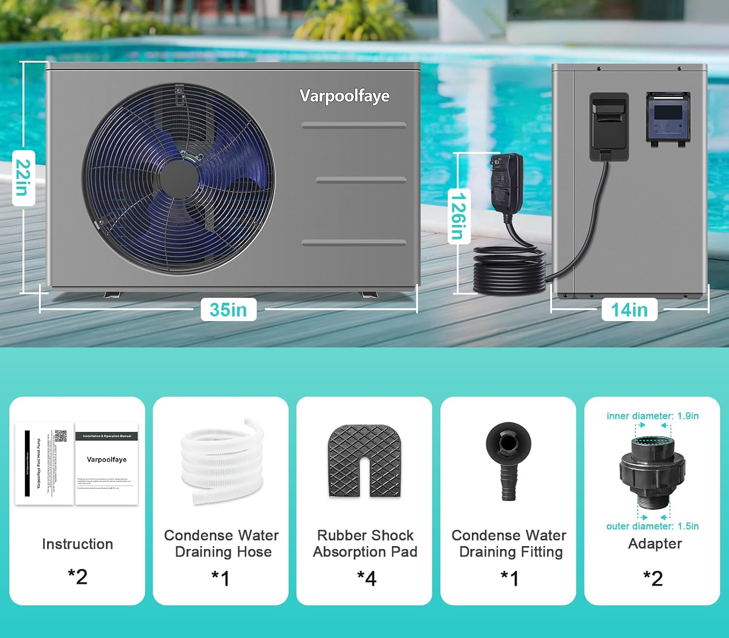 Dimensions of the pool heater and a list of included packing items.