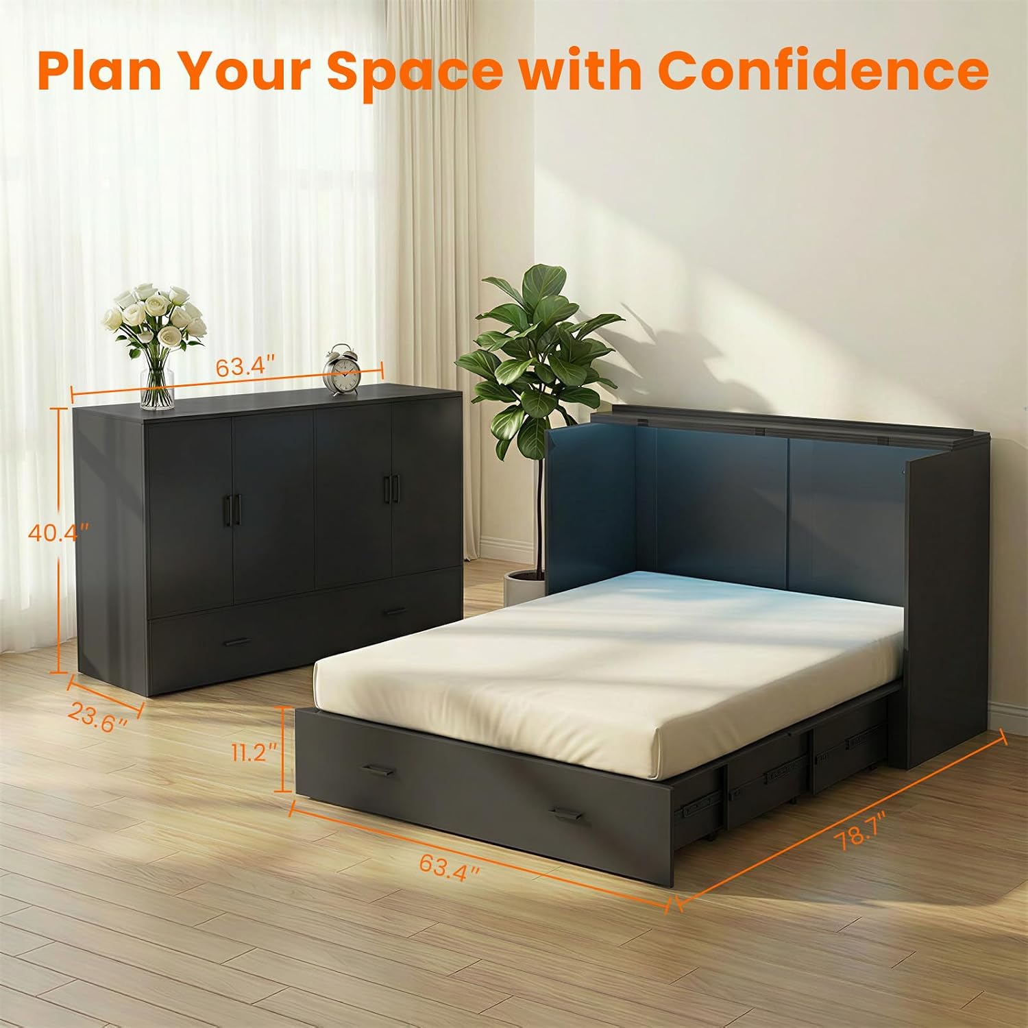 Image showing the CECER Murphy Bed in both cabinet and bed configurations with dimensions labeled.