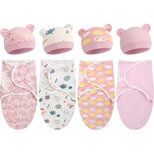 Buryeah 4 Pack Preemie Swaddle Blanket Wrap Set with Hat for Baby Boys Girls 3-7 Lbs Preemie Newborn Clothes Sleepers Cap