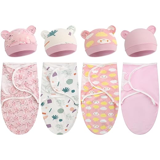 Buryeah 4 Pack Preemie Swaddle Blanket Wrap Set with Hat for Baby Boys Girls 3-7 Lbs Preemie Newborn Clothes Sleepers Cap
