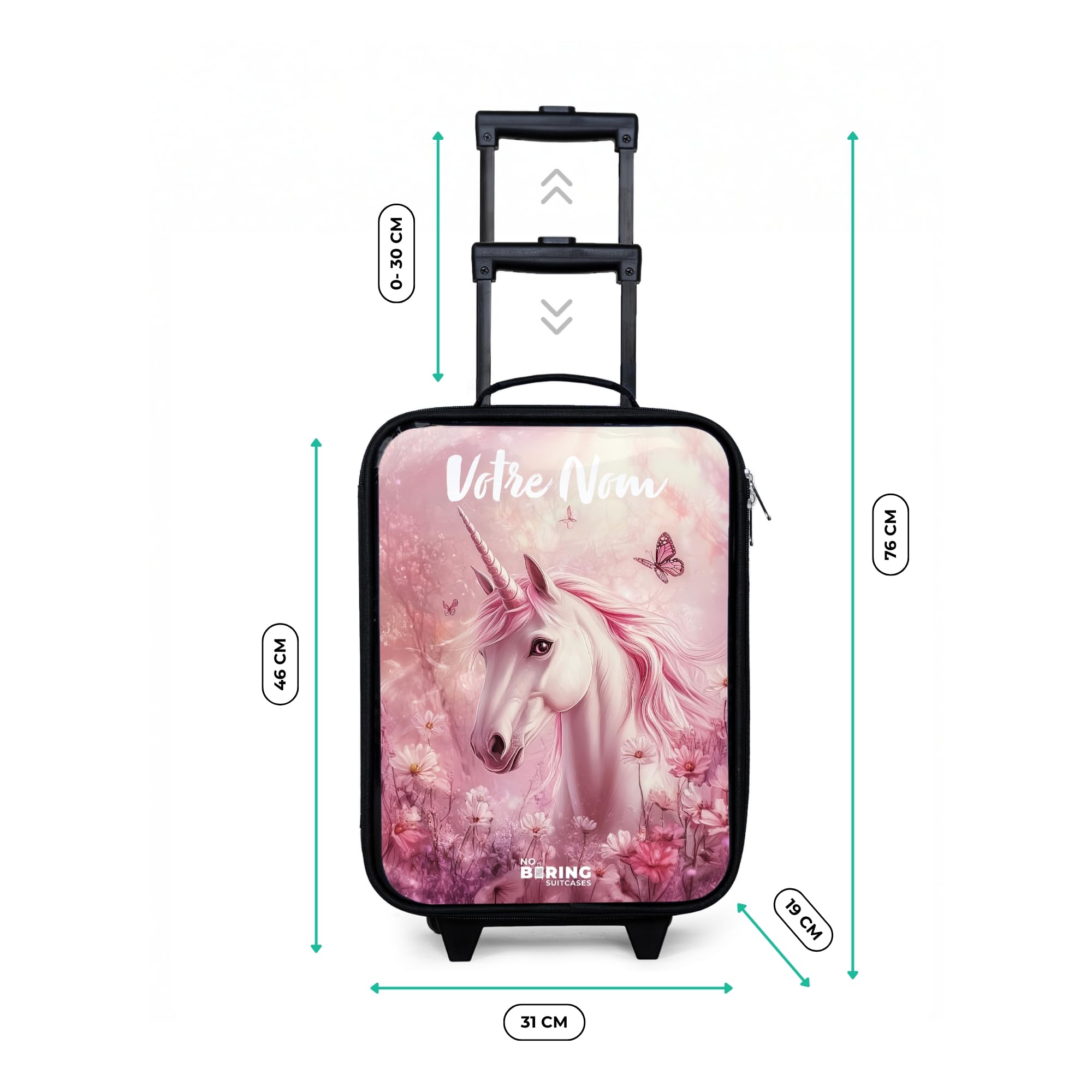 NoBoringSuitcases.com® Valise Enfant Personnalisé avec Un Nom 48x31x19 cm Ultra Légère Bagages À roulettes LED pour Enfants Valisette A Roulette Ado - Fille - Licorne - Rose - Papillons - Fleurs