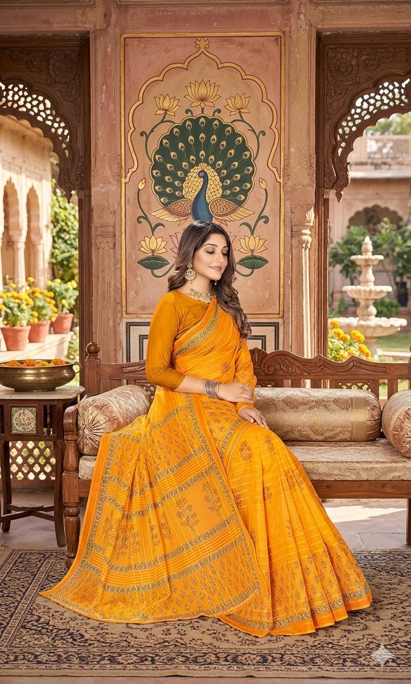 Pure Cotton Mulmul Saree for Women, Yellow, Soft Printed Traditional Ethnic Wear Without Blouse Piece